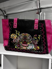 Women’s Pink & Black Skull Tote Bag – Embroidered Studded, Silver Hardware