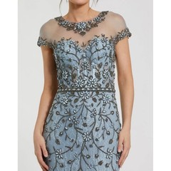 Elegant Blue Lace Ball Dress with Illusion Collar Crystal Decal Evening Gown