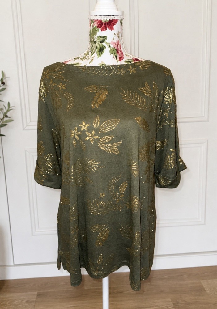 Karen Scott Plus 2X Green Gold Metallic Floral Knit Round Neck 3/4 Sleeve Top