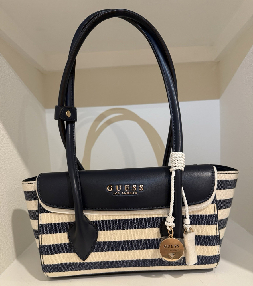 GUESS Blue & White Striped Tote Bag w/ Zip Closure, Charm, Lined Pockets