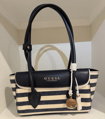 GUESS Blue & White Striped Tote Bag w/ Zip Closure, Charm, Lined Pockets