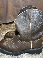Justin Men’s Brown Leather Western Boots 9.5B Square Toe Mid-Calf Pull-On