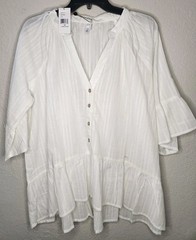 Kaktus Womans Blouse Top Off White 1X Cotton Half Sleeve V Neck Pullover NWT