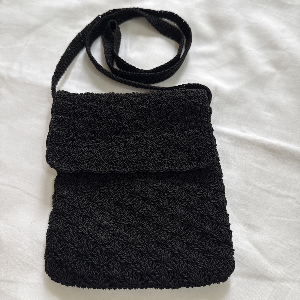 Vintage Black Flapover Crochet Crossbody Handbag
