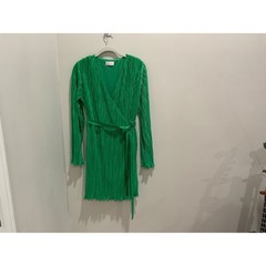Glamorous Green Pleated Wrap Dress Long Sleeve Tie Waist Mini