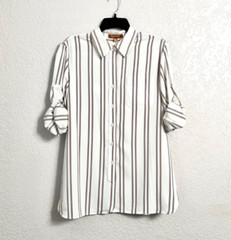 Ellen Tracy White Moss Brown Stripe Long sleeves Casual Blouse Classic Tops sz M