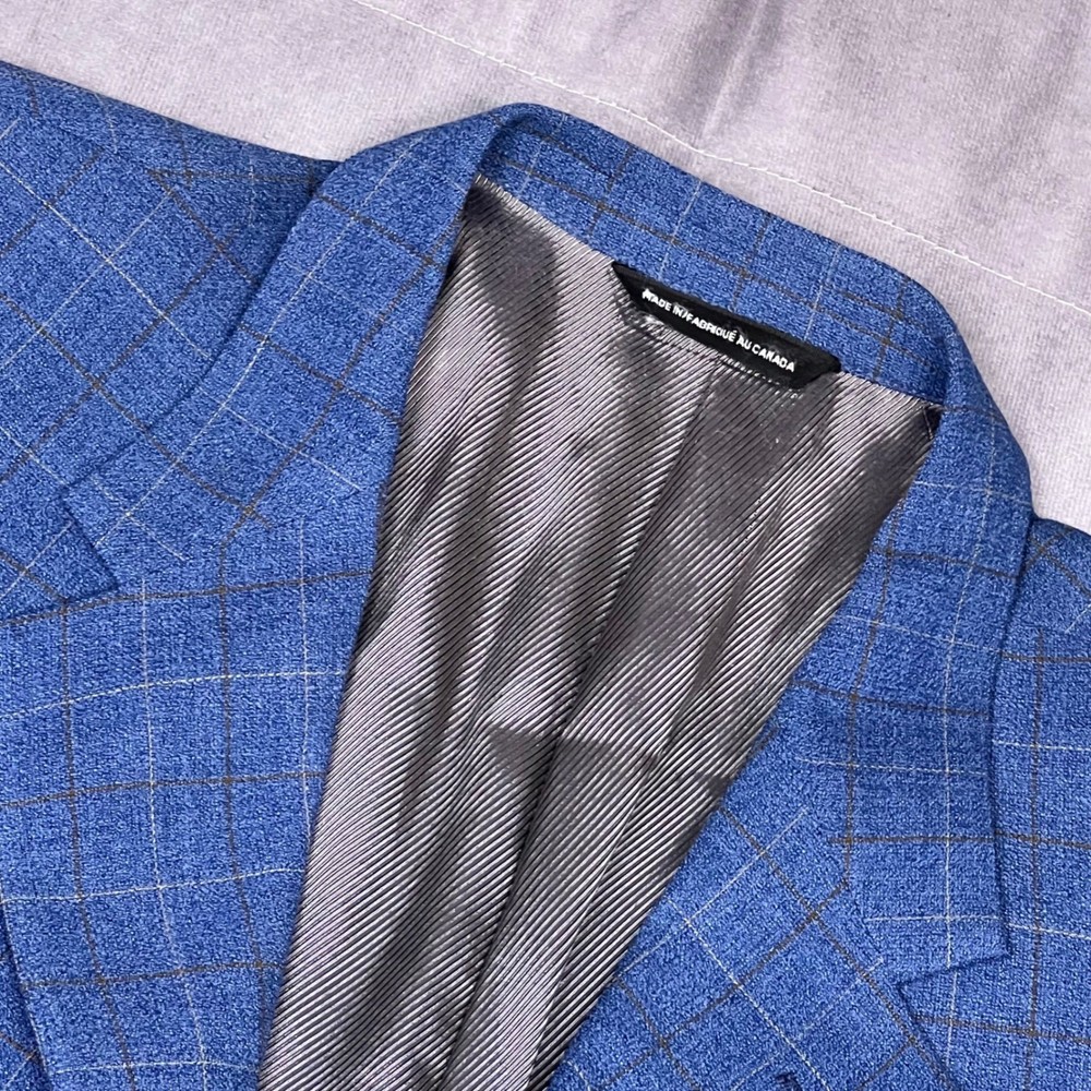 Premiato Blazer Jacket Mens Blue Windowpane Plaid Good 3-Button Made in Canada