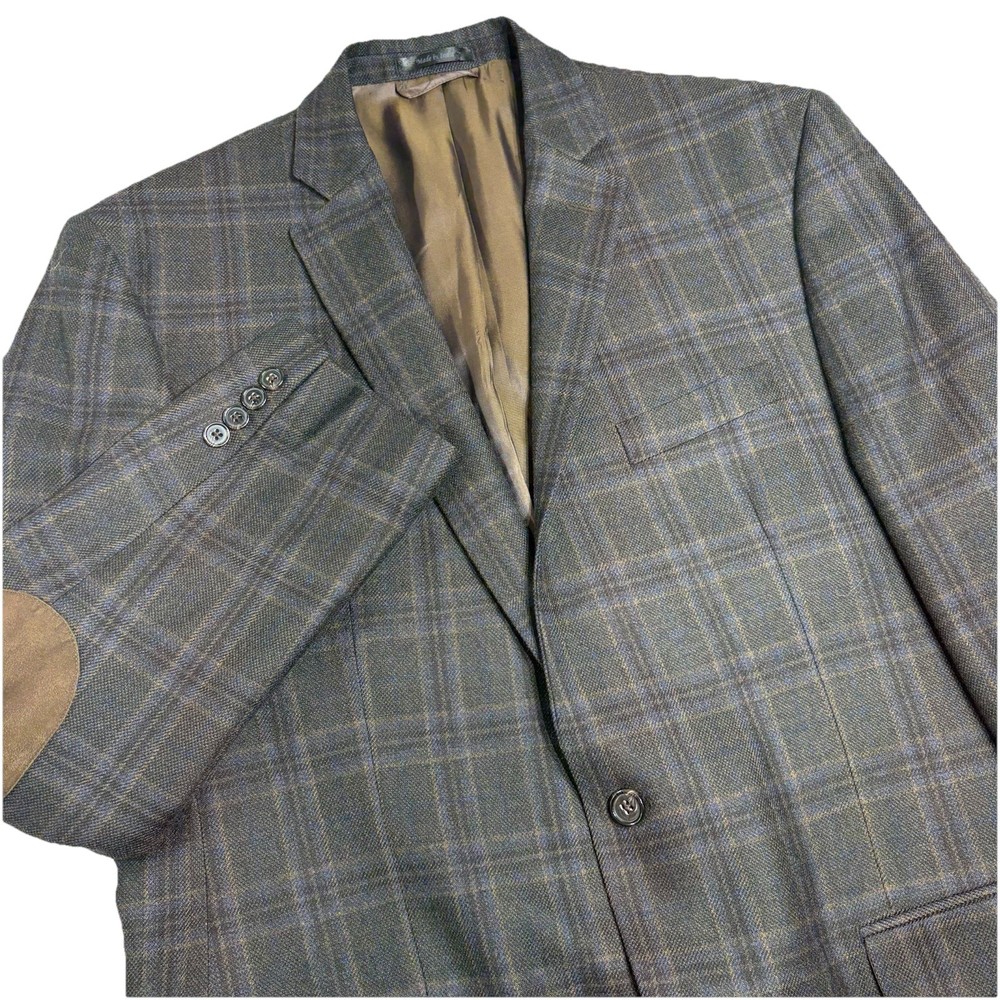 Lauren Ralph Lauren Blazer 44L Wool Elbow Patches Brown Blue Windowpane Plaid