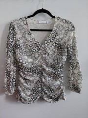 Y2K Rouched Blouse White Floral Lace with Black Circle Design