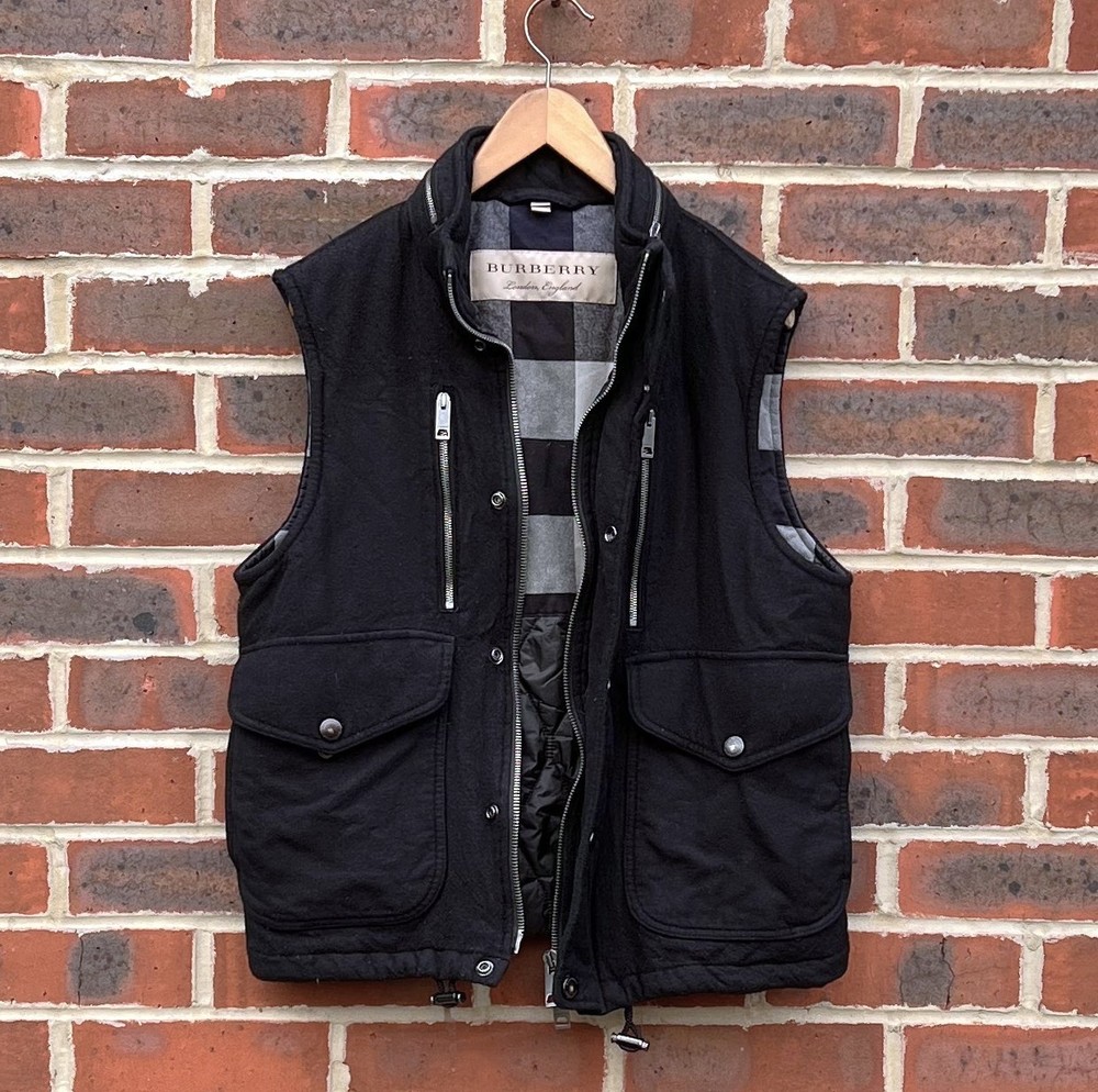 Burberry Mens Wool Gilet Jacket MEDIUM Hooded Prorsum Brit Pockets Bodywarmer