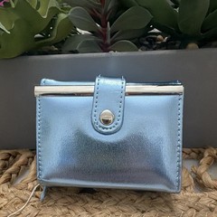 Moda Bella Womens Lt. Blue Metallic trifold Wallet Zip Coin Pocket Photo ID Card
