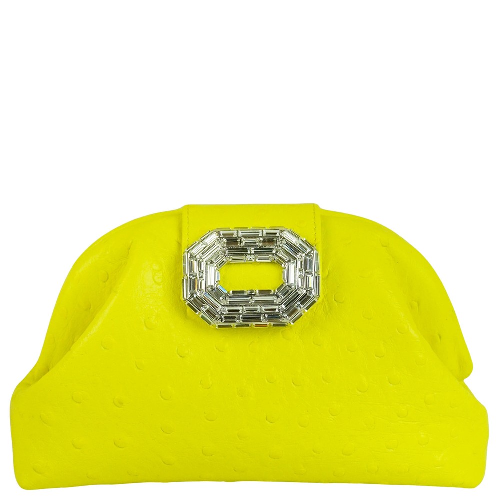 Amina Muaddi Camelia Ostrich Embossed Clutch in Yellow