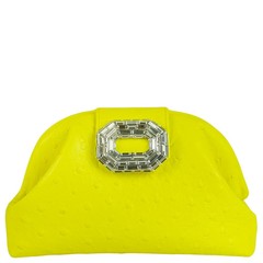 Amina Muaddi Camelia Ostrich Embossed Clutch in Yellow