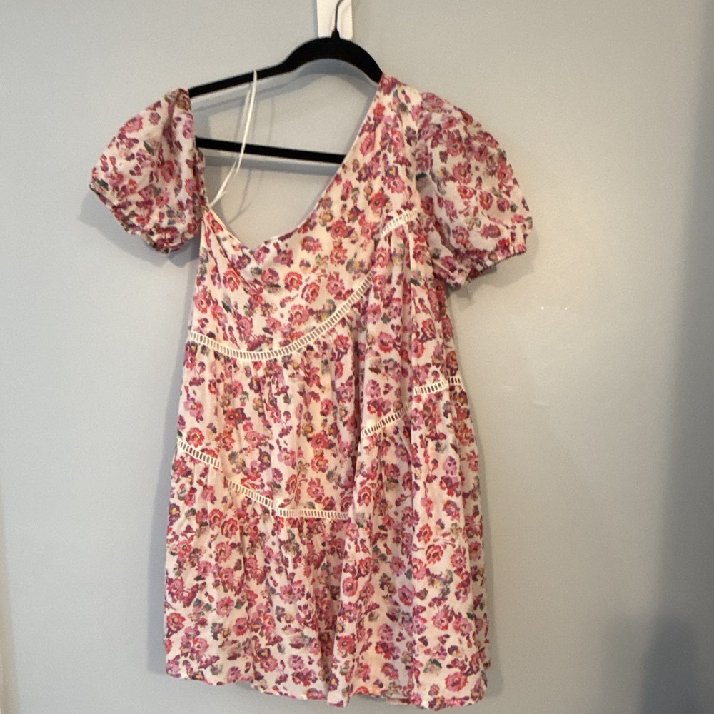 Free People Women’s M Mini Dress V-Neck Puff Sleeve Floral Ivory Pink Purple