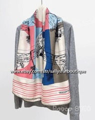 80% Cashmere 20% Silk Wrap Scarf Carriage Vintage Print Square Shawl 53″