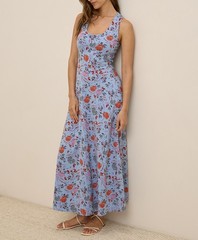 Pact Women’s Extra Small Fit & Flare Open Back Maxi Dress Nightfall Blooms Blue