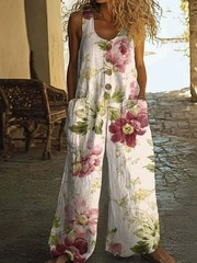 Women Sleeveless Wide Leg Jumpsuit Floral Print Loose Pocket Long Overall Romper