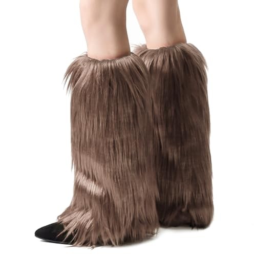 Winter Women Faux Fur Fluffy Leg Warmers Fuzzy Long 40cm/15.7in Length Khaki
