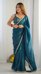 Women Teal Blue Ready To Wear Saree Gold Crush Tissue Silk Party Wedding Saree