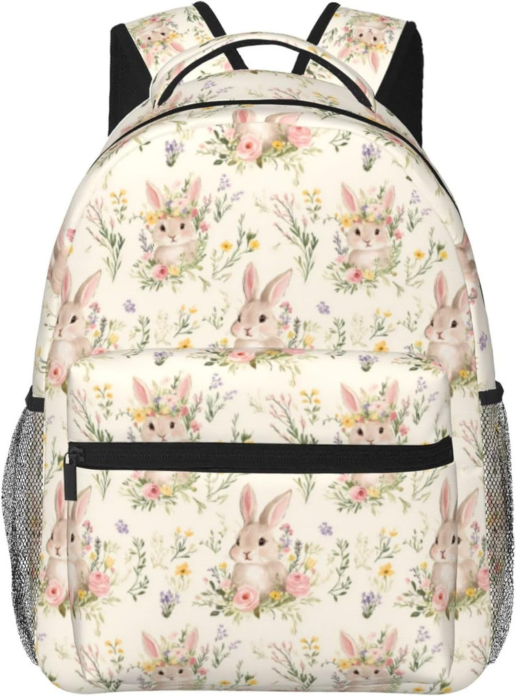 Cute Floral Bunny Backpack, Polyester Backpacks with Straps, 11.4Inx5.9Inx15.7In