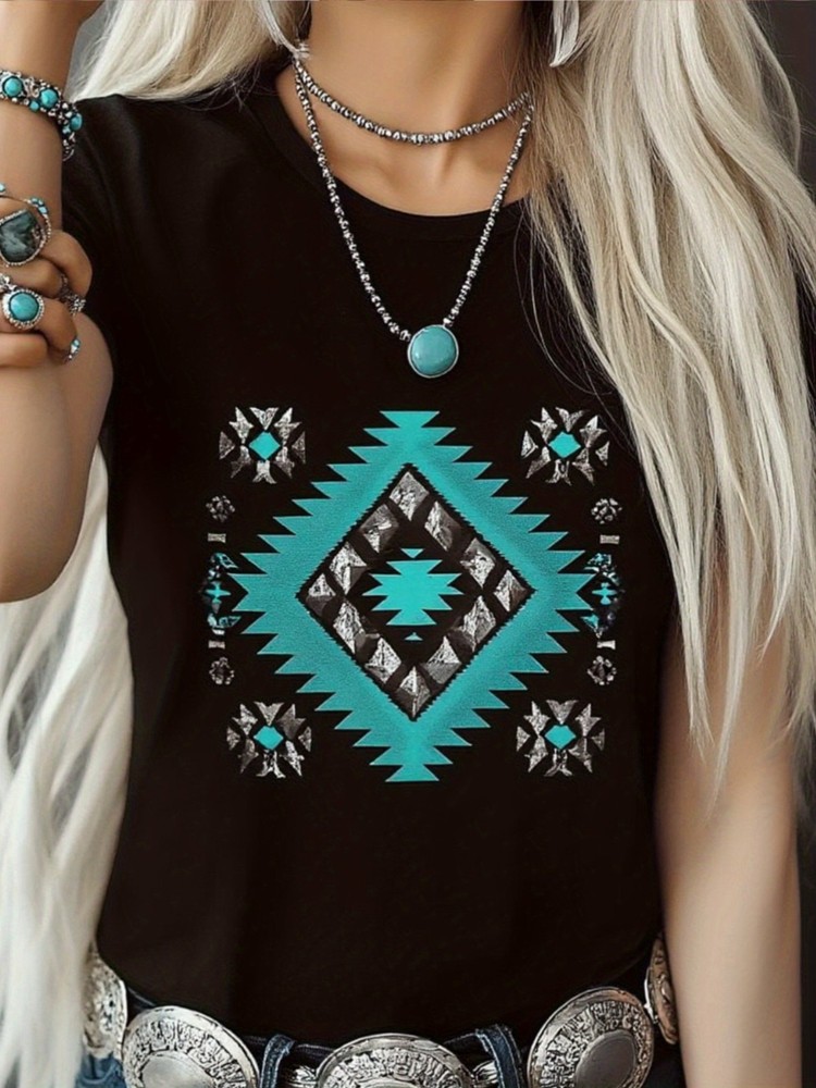 Women Southwestern Green Diamond Graphic T-Shirt Casual Summer Tee