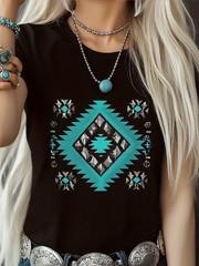 Women Southwestern Green Diamond Graphic T-Shirt Casual Summer Tee