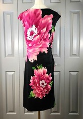RONNI NICOLE Sz 6 Black Pink Floral Jersey Ruched Waist Sheath Dress Lined EUC
