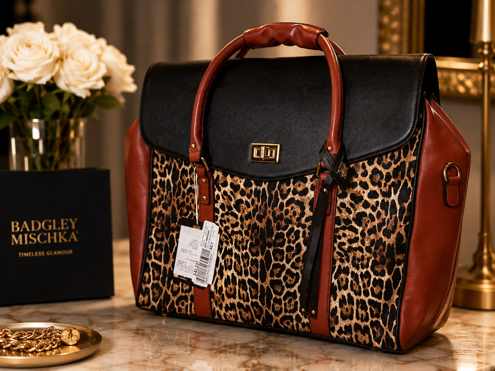 Badgley Mischka Leopard Print Weekender Travel Bag Duffel Carry-On Black Brown