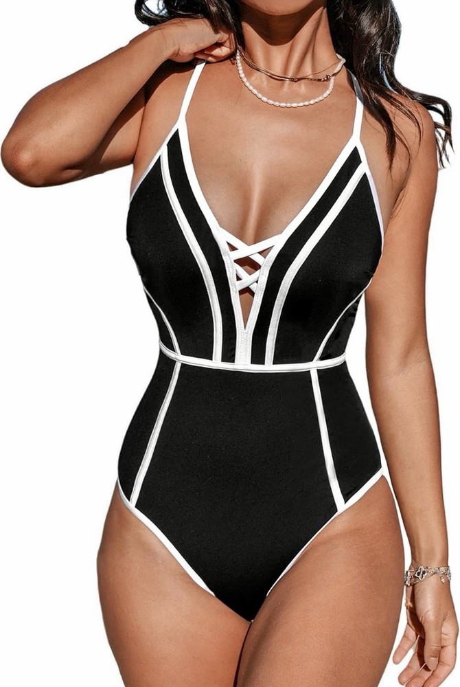CUPSHE Black White Solid Slimming Lace-Up Crisscross One-Piece Swimsuit M