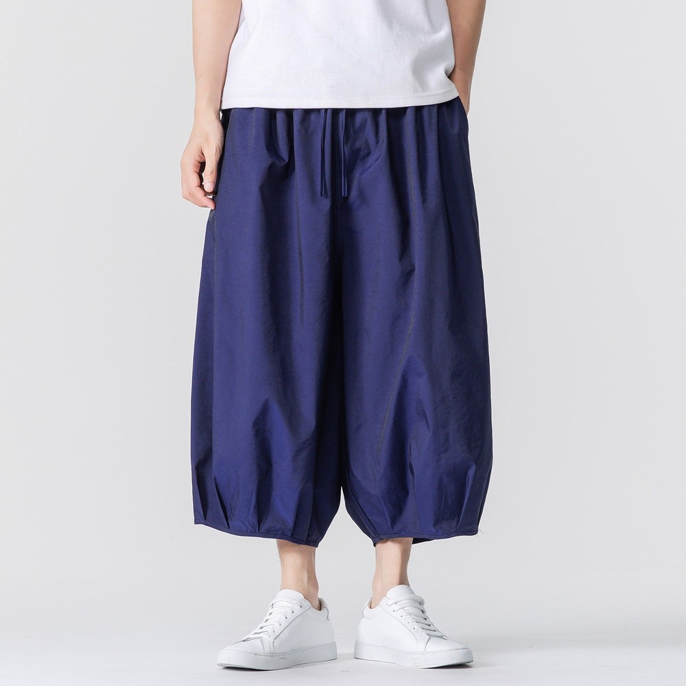 Men 3/4 Length Loose Trousers Elastic Waist Cropped Pants with Pockets