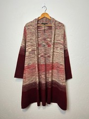 Maxsport Marled Knit Duster Cardigan Long Open Front Burgundy Cream Womens M/L