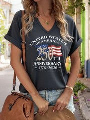 Women’s V-Neck “USA 250th Anniversary 1776-2026” Graphic Tee,American Flag Print