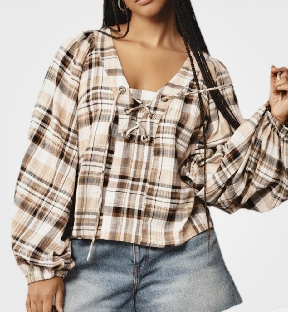 ANTHROPOLOGIE NWT $108 By Plaid Lace Up Dolman Sleeve Blouse Top Size 2X