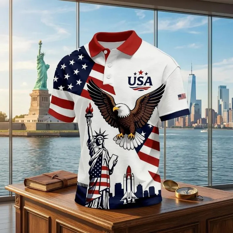 America 250 Years Patriotic Polo Shirt, 1776–2026 USA Flag Golf Polo Shirt