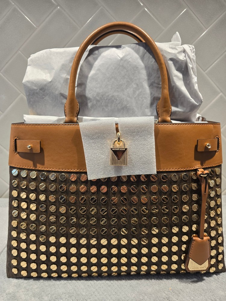 NWT Michael Michael Kors Gramercy Tan Leather/MK Logo Satchel w/ Nailhead Studs