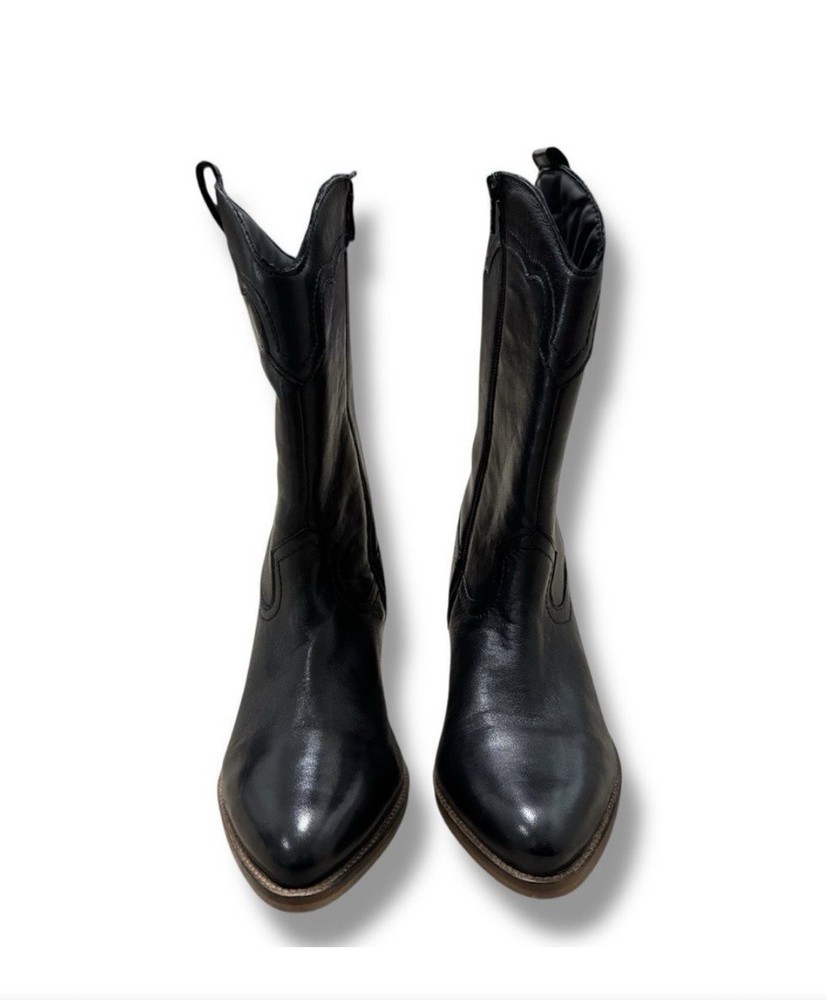 Frye Womens 7 Black Leather Western Mid-Calf Boots Pointed Toe Zip Pull Strap