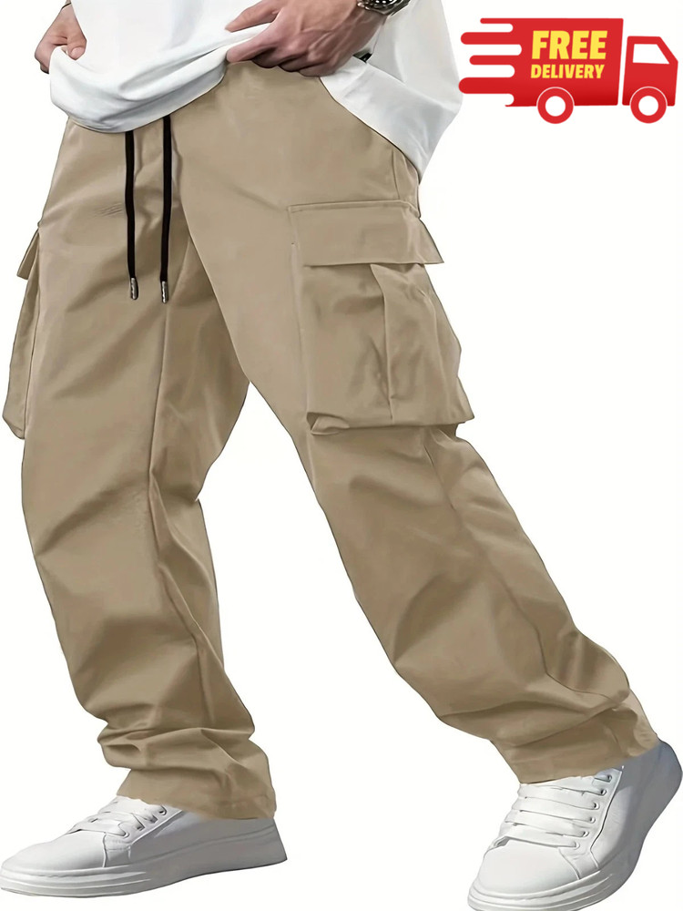 Mens Cargo Jogger Pants Drawstring Loose Fit Multi Pocket Casual Trousers