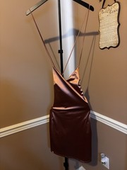 MADRAG Brown Satin Backless Lace-Up Mini Slip Dress V-Neck Strappy Sleeveless S