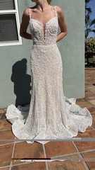 Atelier House Ivory Lace Fit and Flare Wedding Dress Plunging Neckline Train