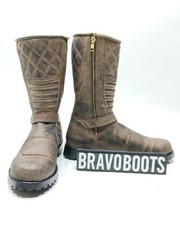 Biker Men Boots Distressed Leather Mid Calf Motorcycle Harness Zip Brown Boots