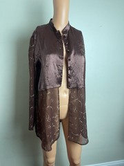 Vintage RICK Korean 3 Piece Outfit Brown Satin Floral Duster Pants Set Long Vest