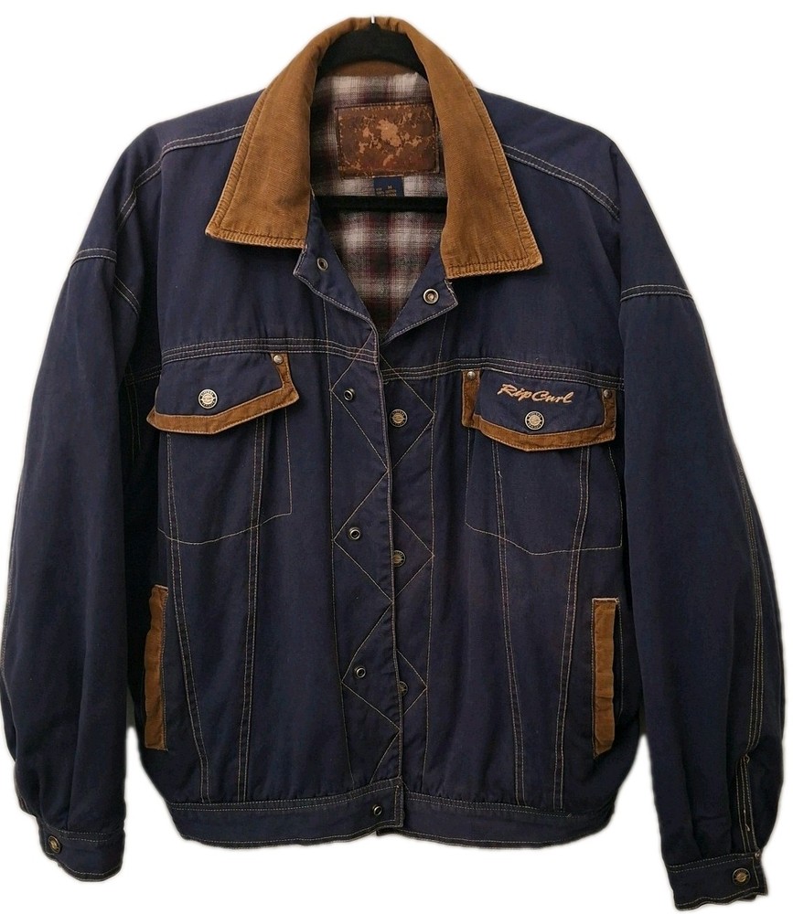 Vintage Rip Curl 90s Plaid Lined Trucker Jacket Blue Corduroy Collar Women’s M