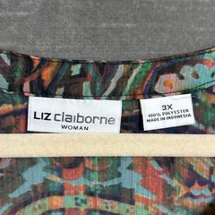 Liz Claiborne Top 3X Green Floral Sheer Button Up Tunic Summer Casual Boho
