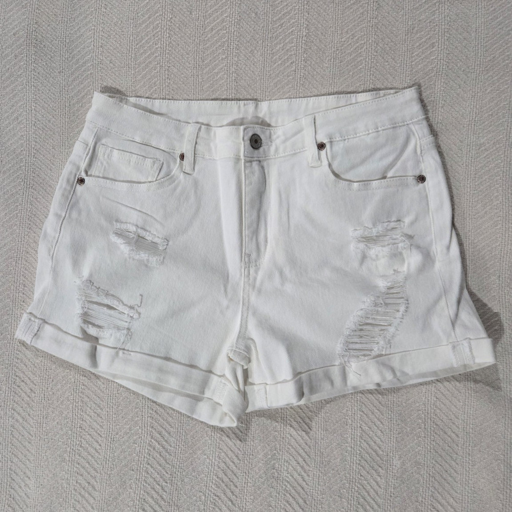 Women’s White Denim Cut Off Shorts Size L Frayed Hem Distressed Pockets