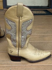 Frye Women’s 6.5 Beige Leather Studded Western Cowboy Mid-Calf Pull-On Boots
