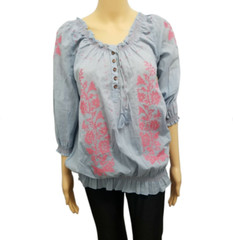 True Grip Blouse Small Blue Sheer 3/4 Sleeve Embroidered Cinched Waist Pullover