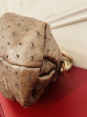 Versace Ostrich Quilted Satchel Top Handle, Braided Handles, Zip, Gold Hardware