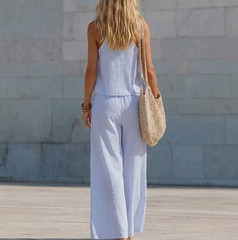 Womens Lace V-Neck Pleated Striped Two Piece Set Loose Wide Leg Pants Suit