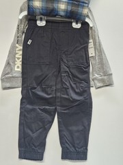 DKNY Size 4T Set Of 3, Plaid Blue Vest/ Black Pants/ Grey Long Sleeve Printed