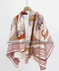 80% Cashmere 20% Silk Wrap Scarf Carriage Vintage Print Square Shawl 53″